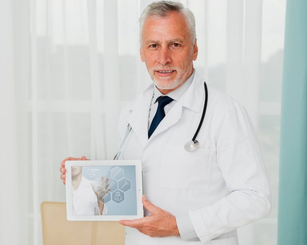 Clinician in a white coat holding a tablet with medical icons, illustrating HIPAA-safe short-form video and digital marketing in healthcare.